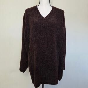 NWT Link 3X Chenille Pullover Chunky Cable Knit Sweater Brown V-Neck Sweater